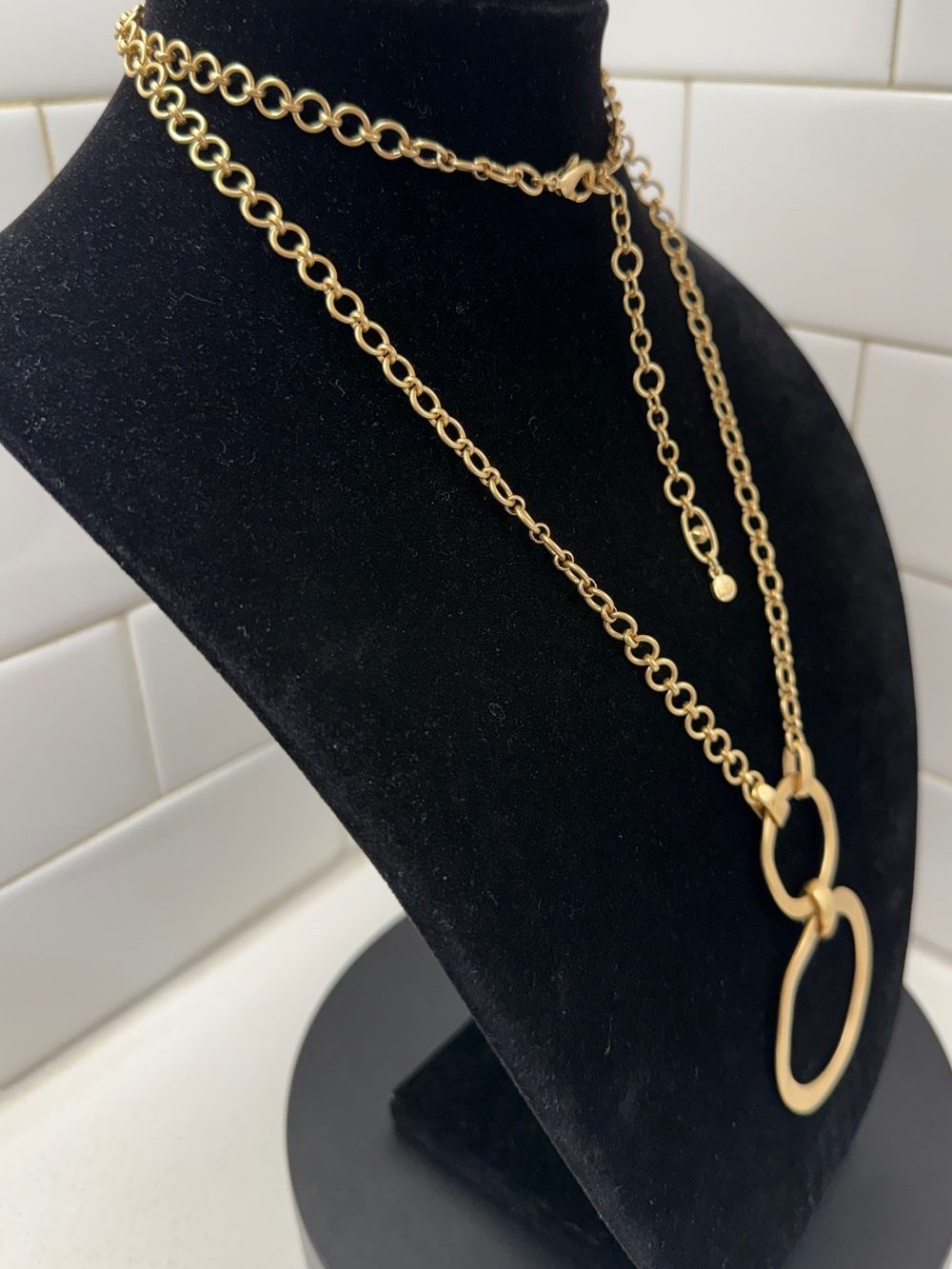 CAbi Gold Tone Double Circle Pendant Long Statement Necklace - Picture 4 of 5